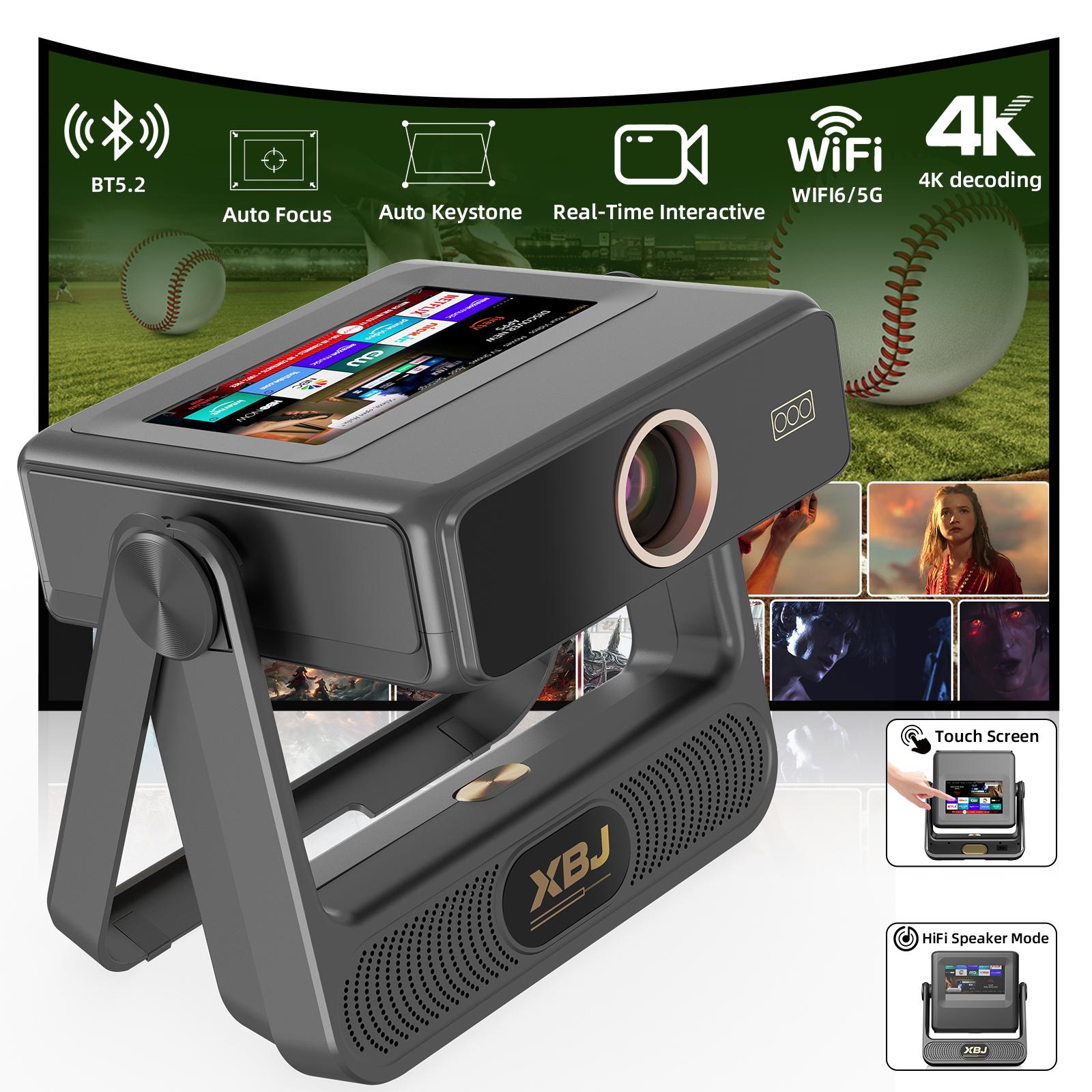 XBJ A5PRO projector, Bluetooth 5.2, 4K/1080P, smart touch screen—suitable for outdoor movies and gaming, home theater, and business presentations; wireless screen mirroring, ideal for camping and similar scenarios.
