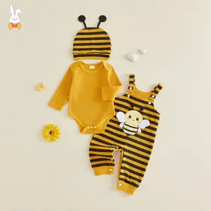 Baby Boys Cute Insect Themed Outfits Adorable Dot Print Long Sleeve Romper And Suspender Pants Hat Set