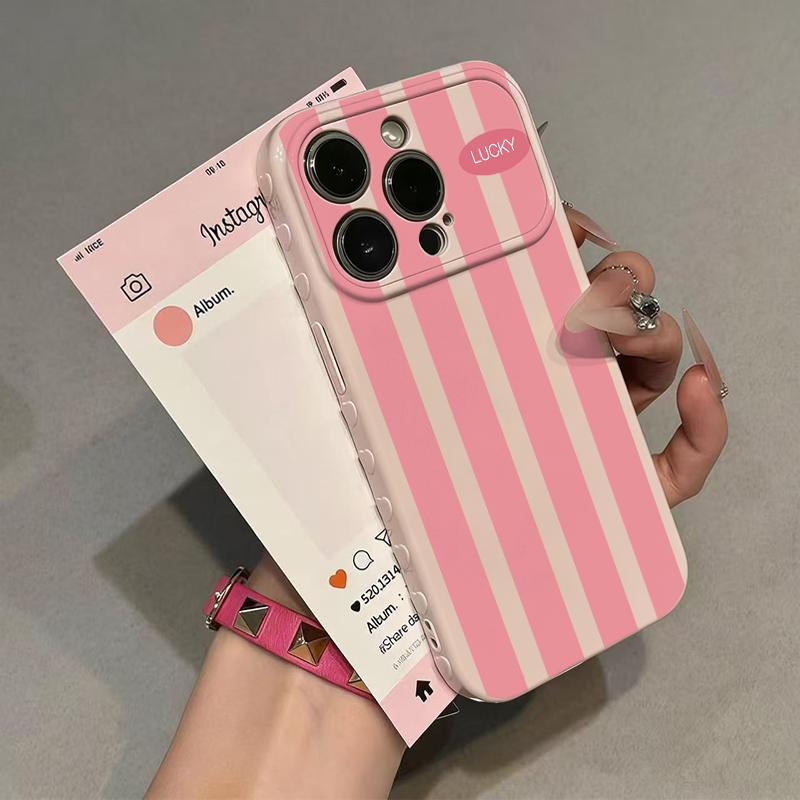 Color Block Stripe Lucky Slogan Phone Case - Premium Glossy Soft TPU-PC Composite Protective Cellphone Casing, Fingerprint Proof Soft Cover with Silky Non-Slip Skin-Friendly Surface, Side Embossed Heart Phone Decoration
