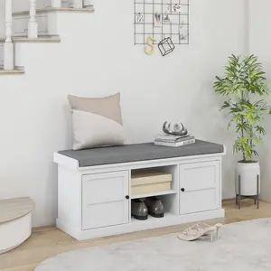 White Shoe Storage Bench with Cushioned Seat, Entryway Hallway Furniture with 2 Cabinets and Adjustable Shelf