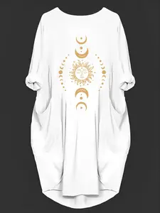 【Plus Size】 Moon & Sun Print V Neck Dress, Casual Long Sleeve Dress for Daily Wear, Women's Plus Clothing for All Seasons