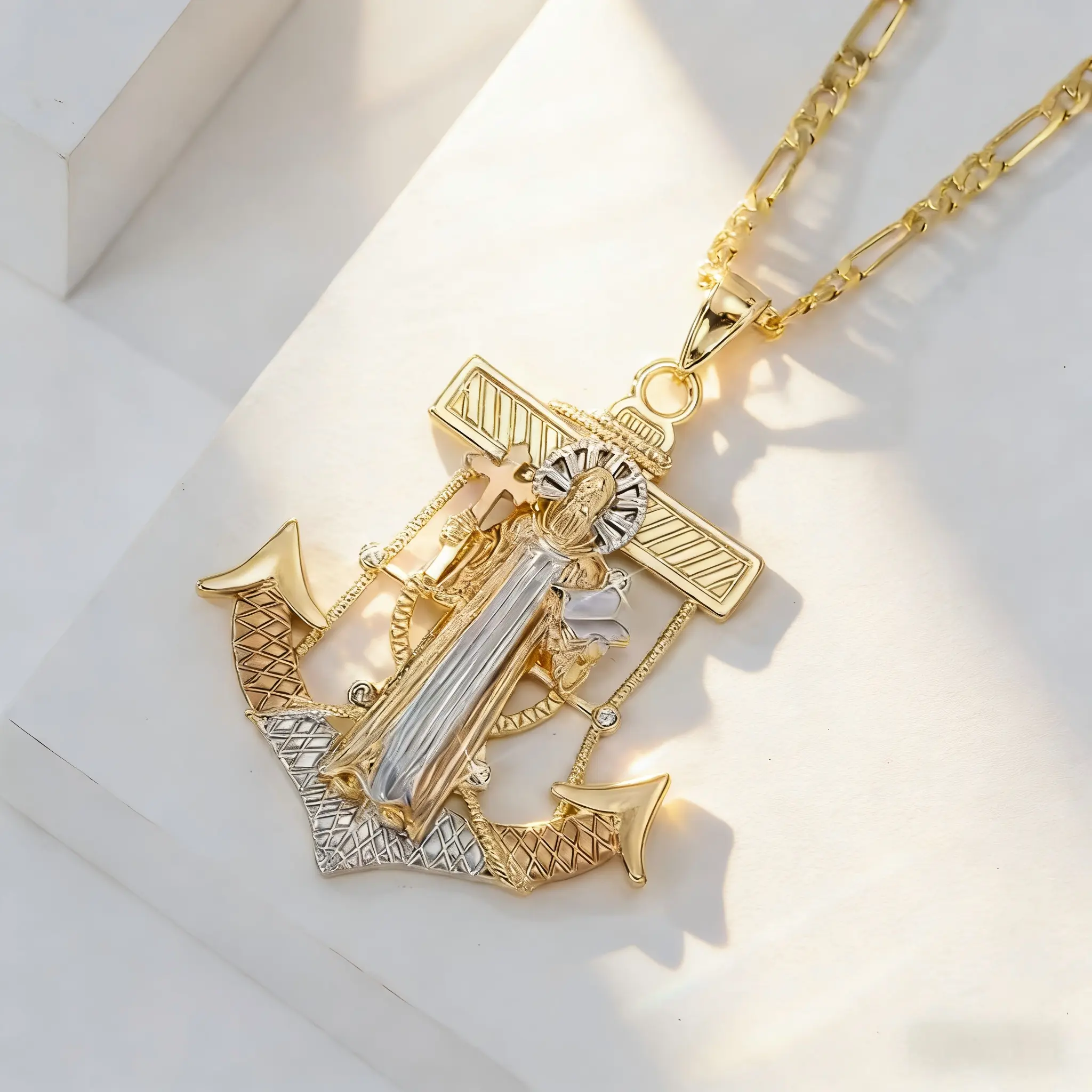 St. Jude Thaddeus Anchor CrossNecklace | Figaro Style, 14K Gold Plated, Religious Belief
