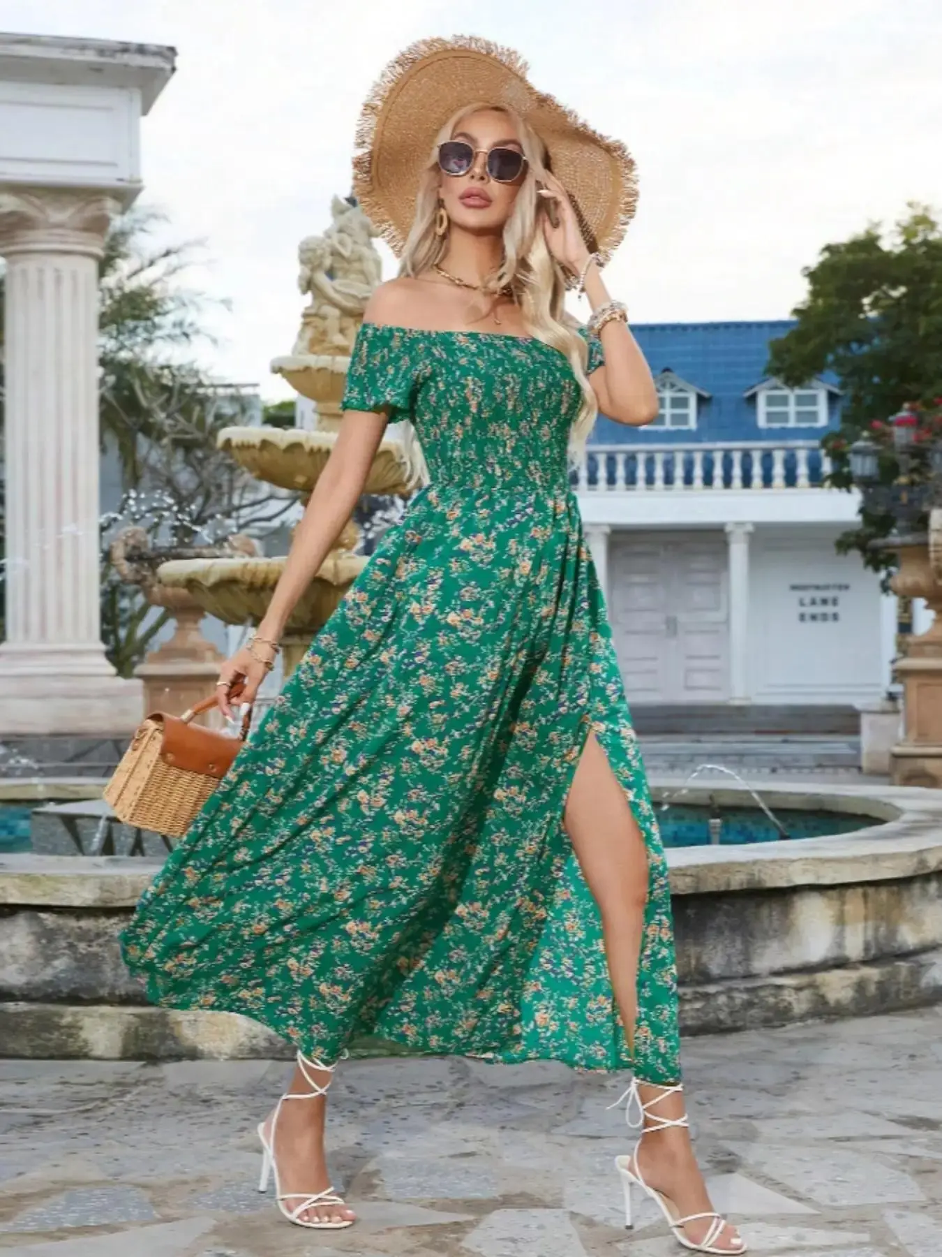 Dress 2025 Women's Frenchy Style Ditsy Floral Print Shirred Off Shoulder Split Thigh A Line Vintage Dress 2025 Women's Frenchy Style Ditsy Floral Print Shirred Off Shoulder Split Thigh A Line Vintage