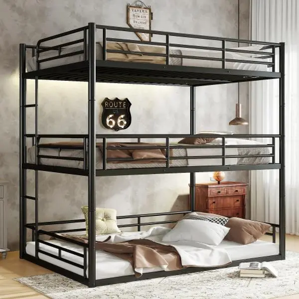 Metal Full-Over-Full-Over-Full Triple Bunk Bed Frame with Full Rail Safety, Guardrail Peace, Reinforced Joints, Noise-Reduced Design, Black
