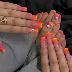 Toe and Press on Nails Orange with Pink Accents and Floral Design for Stylish Toe Nail Care