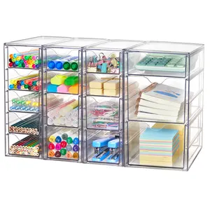 Vtopmart Acrylic Organizer with 16/32 Drawers Clear Storage Drawers for Office Supplies Desk Organization and Storage for Makeup Jewelry Art Crafts Non-Slip Silicone Pad Variety of Drawer Options for Desk Vanity Bathroom Pantry New Year Gift