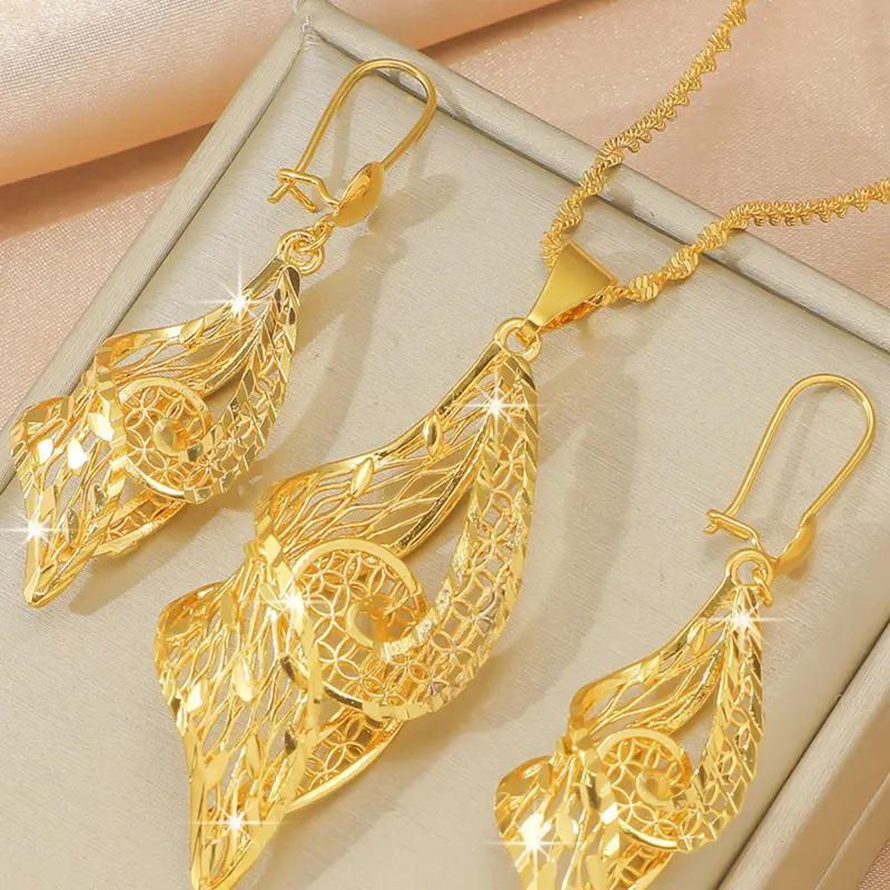 Women's High-Quality Elegant Jewelry Set, Geometric Design Earrings & Necklace, Copper Plated 24k, Perfect Gift for Boyfriend & Friends, Geometric Patterns, Geometric Jewelry Sets