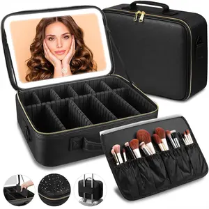 15"×11" Professional Large Waterproof Black Leather Makeup Train Case, Travel Makeup Bag with Mirror, LED Light and Adjustable Dividers