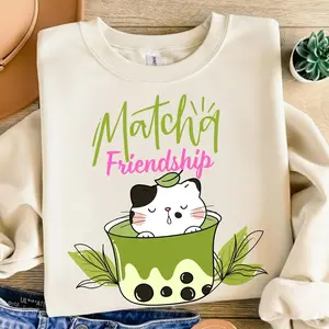 Matcha Cat Sweatshirt, Kawaii Boba Cat Sweatshirt, Cute Cat Lover Gift, Funny Crewneck Sweatshirt