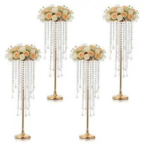 4Pack 29.5-Inch Gold Wedding Centerpiece Vase with Crystal Beads, for Table, Party, Home, Event, and Reception Decoration