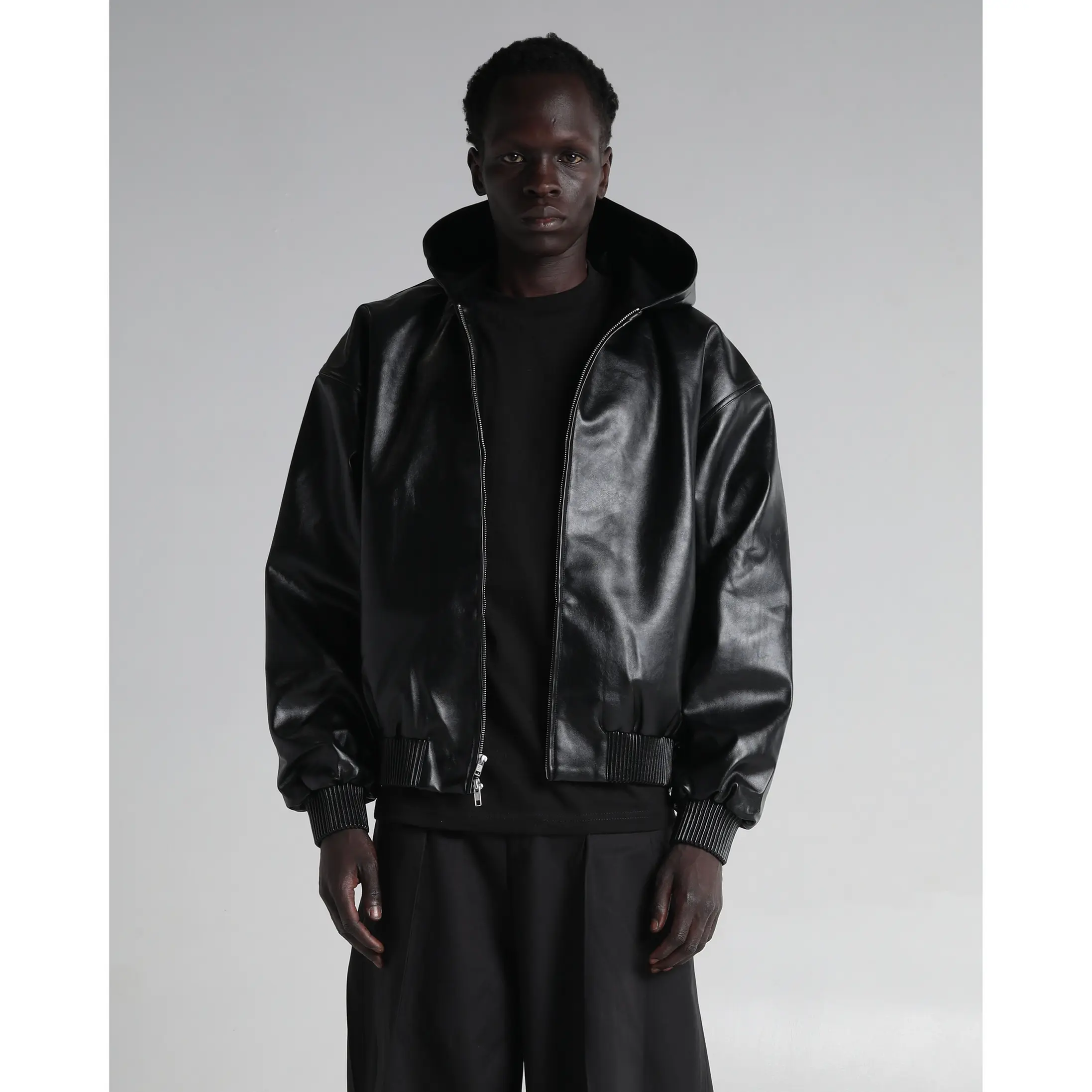 Hooded Faux Leather Bomber Jacket