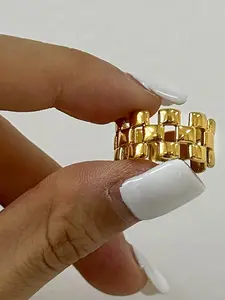 Ladies' Gold Ring Modern Classic Ring Stainless Steel 18k Gold-Plated Waterproof Three-Layer Square Strap with Hollowed-Out Bohemian-Style Jewelry Summer Essential Beach Vacation Style Ring