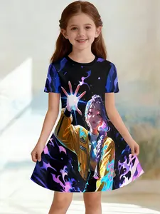 Girls' 3D Short Sleeve Dress, Flame Kpop Full Print, Perfect for Parties, Festive Gifts, Birthday Presents, Casual Slim Fit