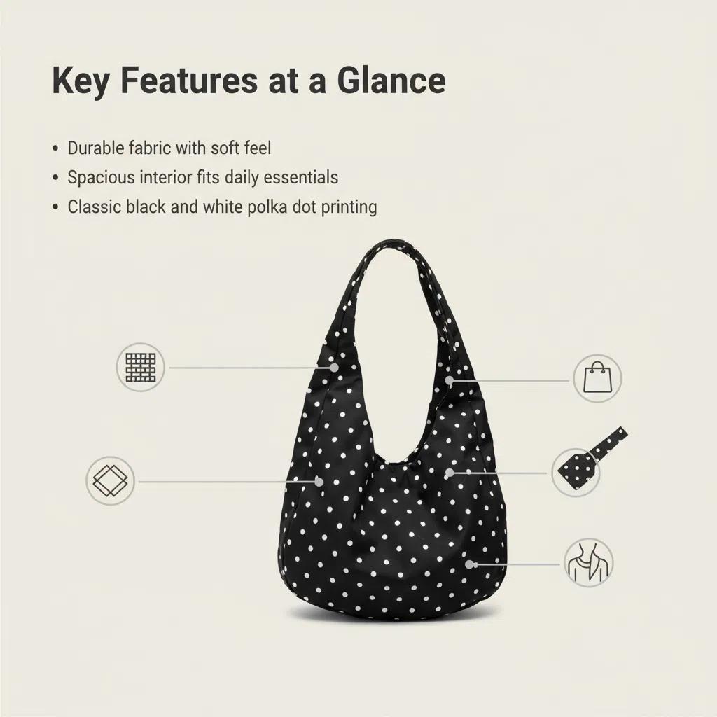 Women's Polka Dot Dumpling Bag, Casual Lightweight Nylon Design, Perfect Everyday Hobo Purse, Retro Crescent Bag