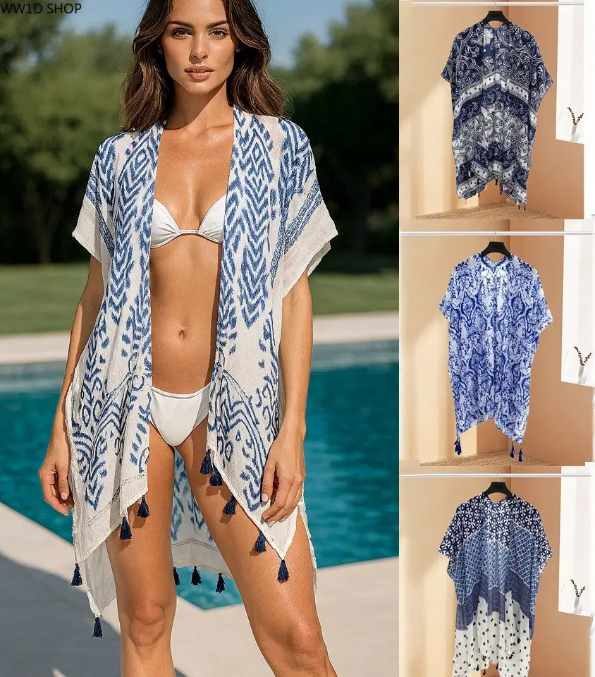 Women’s Vibrant Lightweight Sheer Beach Kaftan Cover Up - Relaxed Fit, Tassel Detail, Side Slits - Casual Home, Dinner, Cruise Party Summer Vacation Resort Bathing Suit Accessory