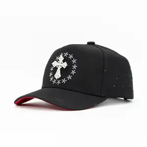 New style Black rhinestone cross studded cap, trendy streetwear style. Sparkling bling details, perfect for casual, hip hop, Y2K, gothic, festival looks. Unisex fashion hat for all seasons, daily wear, TikTok viral accessory.