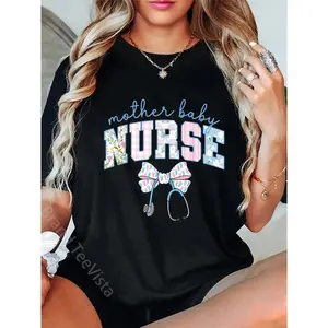 100% Cotton Mother Baby Nurse Team Coquette Blue Stethoscope Bow Doctor T-Shirt