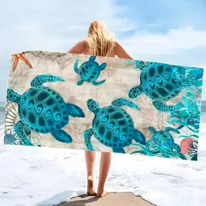 1 piece sea turtle family pattern printed beach towel, made of microfiber/polyester (visually light and thin, quick-drying, highly absorbent, and easy to carry), perfect for beach vacations and pool parties, large-sized sea turtle beach towel
