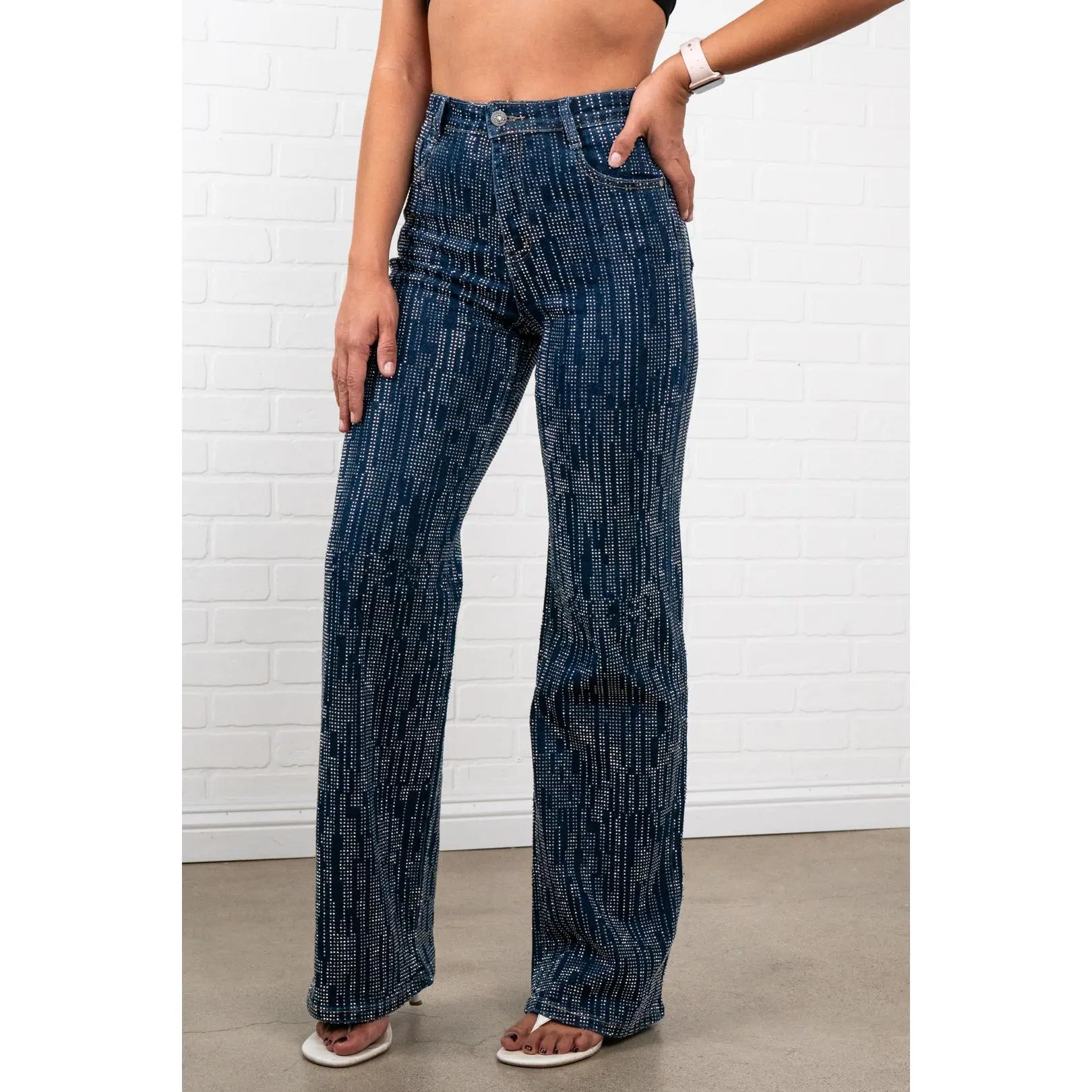Rhinestone Straight Jeans for Women, Sparkly High Waisted Denim with All Day Comfort, Feminine Fashionable Relaxed Easy Fit Design, sleek line, flattering drape, modern proportion, easy movement
