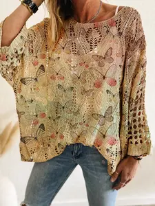 Spring Summer New Round Neck Hollow Out Batwing Sleeve Knit Top, Casual Butterfly Print Long Sleeve Women's Sweater
