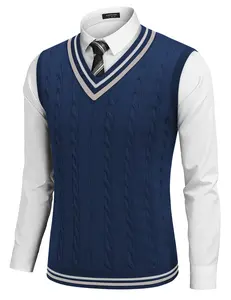 COOFANDY Men's Sweater Vest V Neck Casual Sleeveless Pullover Striped Cable Knit Sweater Vest