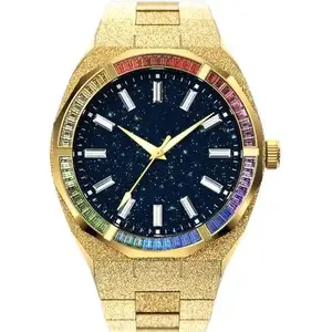 Gold frosted rainbow bezel mechanical watch