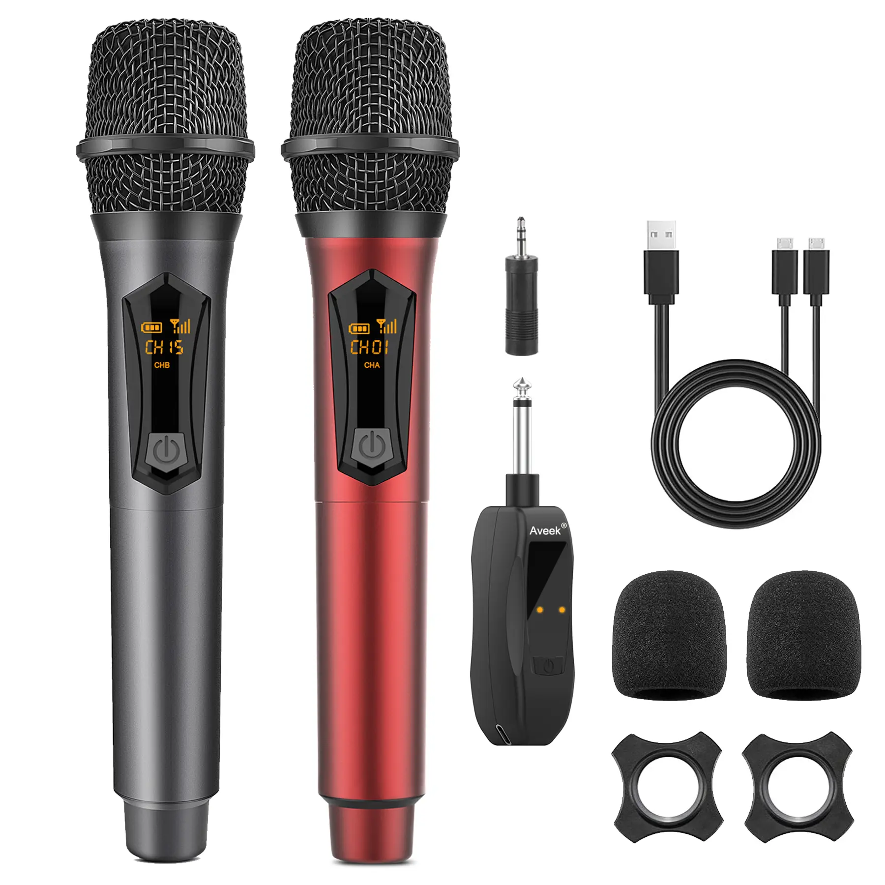 Aveek Wireless Microphones, Karaoke Microphone Rechargeable 2.4GHz (Work 10hs) for Karaoke Machine,Amplifier Speaker,Mixer,Dynamic Mic for Karaoke,Speech,Wedding,Church, Grey&Red, 2 Packs summerwins