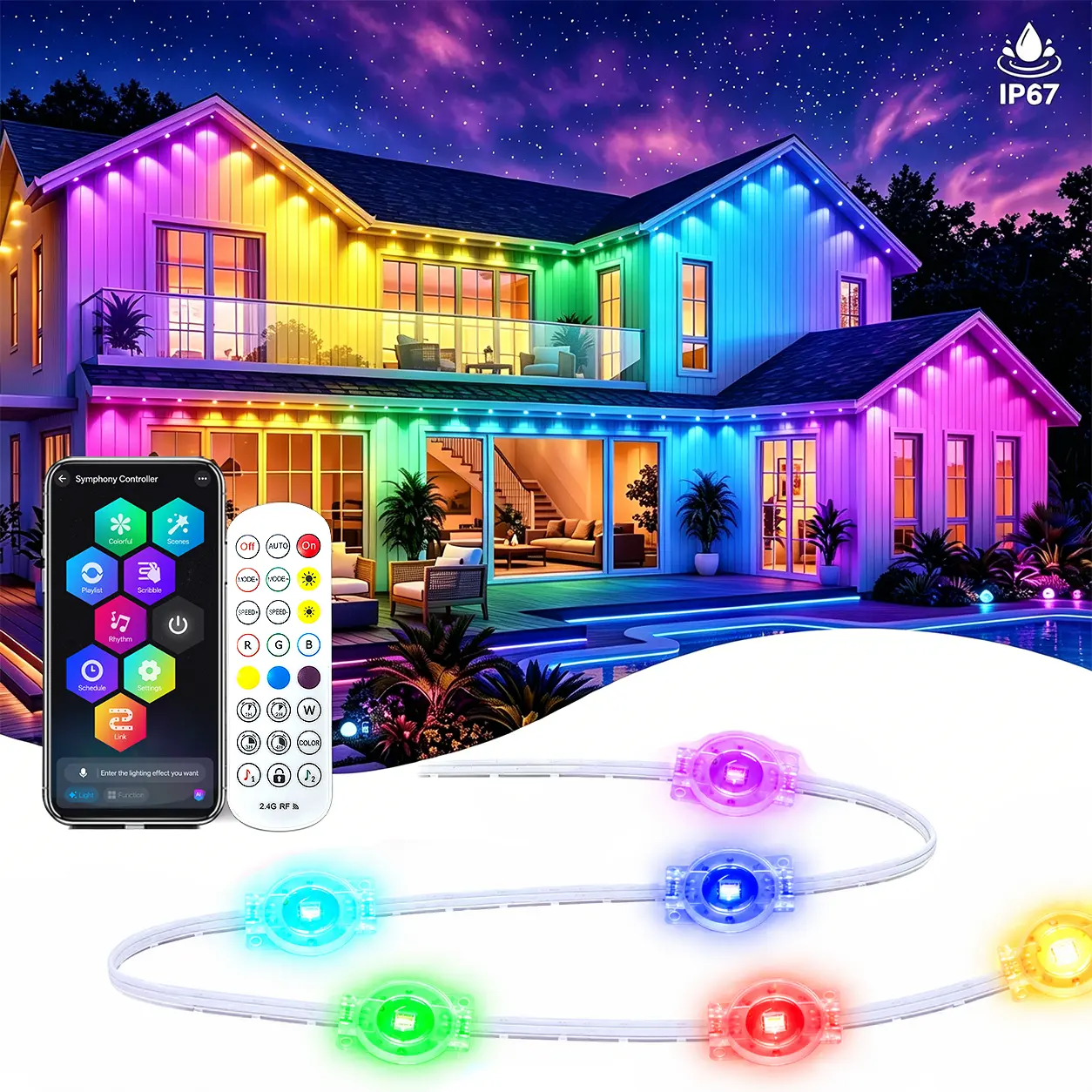 Kiruxna Permanent RGB+IC Outdoor Decorative Lights, 16m, Multi-Event Festive Decorative Lights, IP67 Waterproof, App/Remote Control, 50 Scene Modes, Chasing Flow Dynamic Effects, DIY Music Sync, Christmas Decor for Backyard Garden
