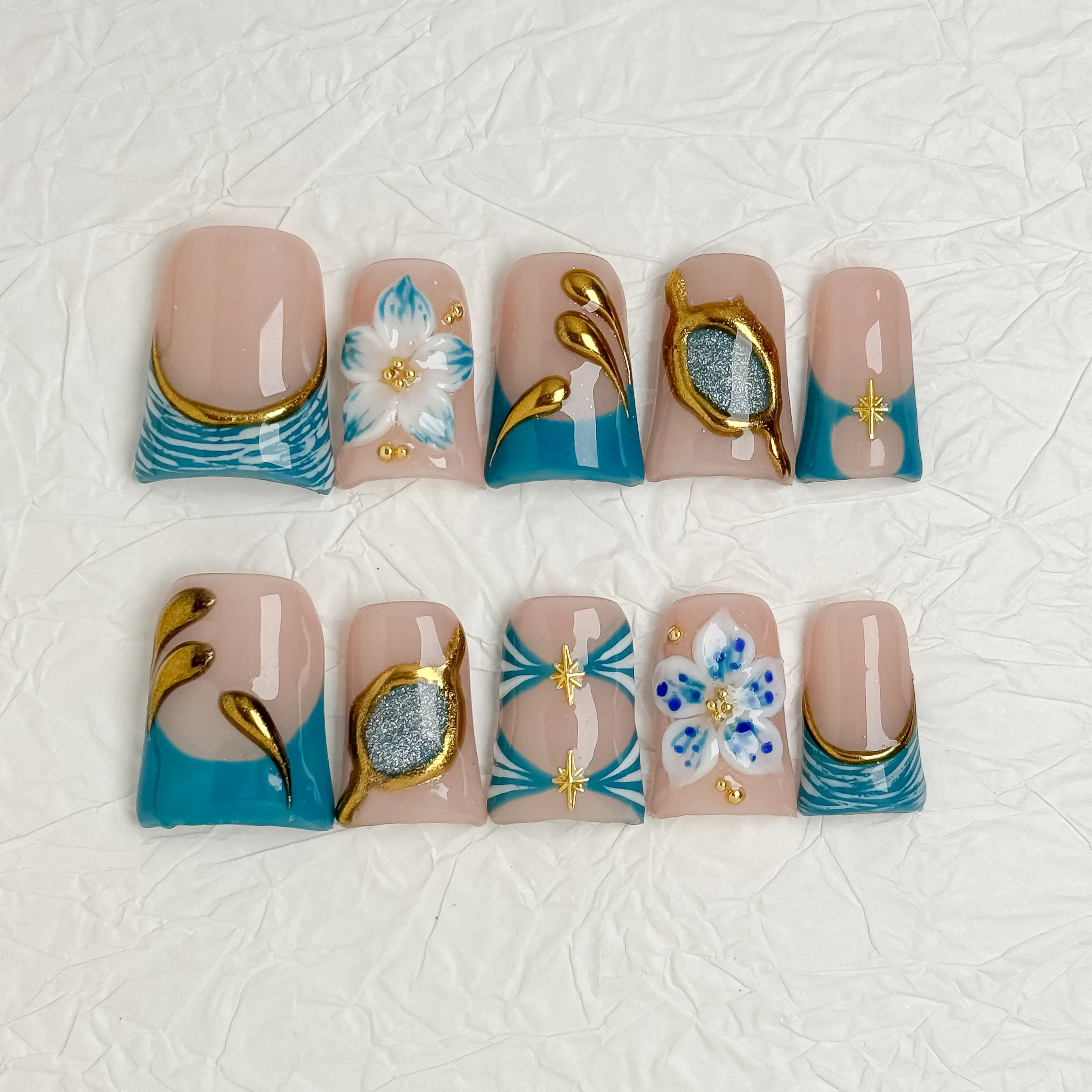 Luxury Baroque Teal Blue Acrylic Fake Nails, Handmade 3D Floral & Gold Foil French Tips, Vintage Boho Aesthetic Reusable Set, Soft Gel Acrylic Powder Glitter Nail Art Decorations, Handmade Acrylic Nails