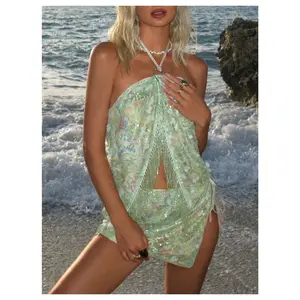 Women's 1pc Sequin Halter Top Fringe Trim Open Back Party Going Out Sparkly Tops Going Out Outfits