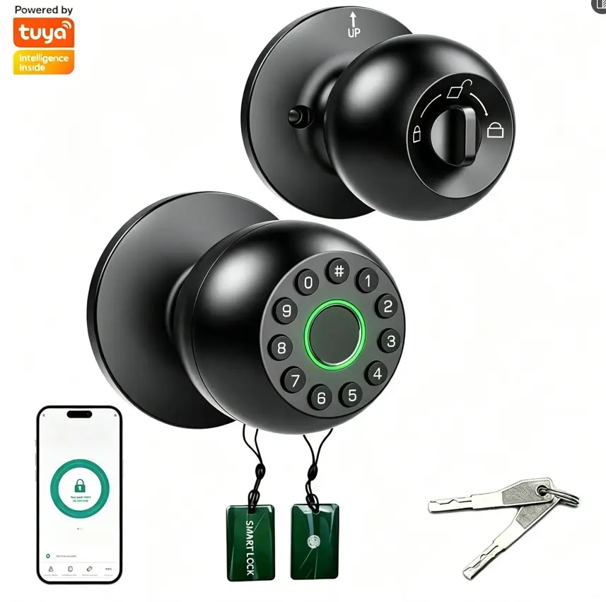 Black Spherical Smart Door Knob Lock - Biometric Fingerprint, Keypad Keyless Entry, APP Remote Control Rechargeable Lock for Bedroom, Apartment, Office