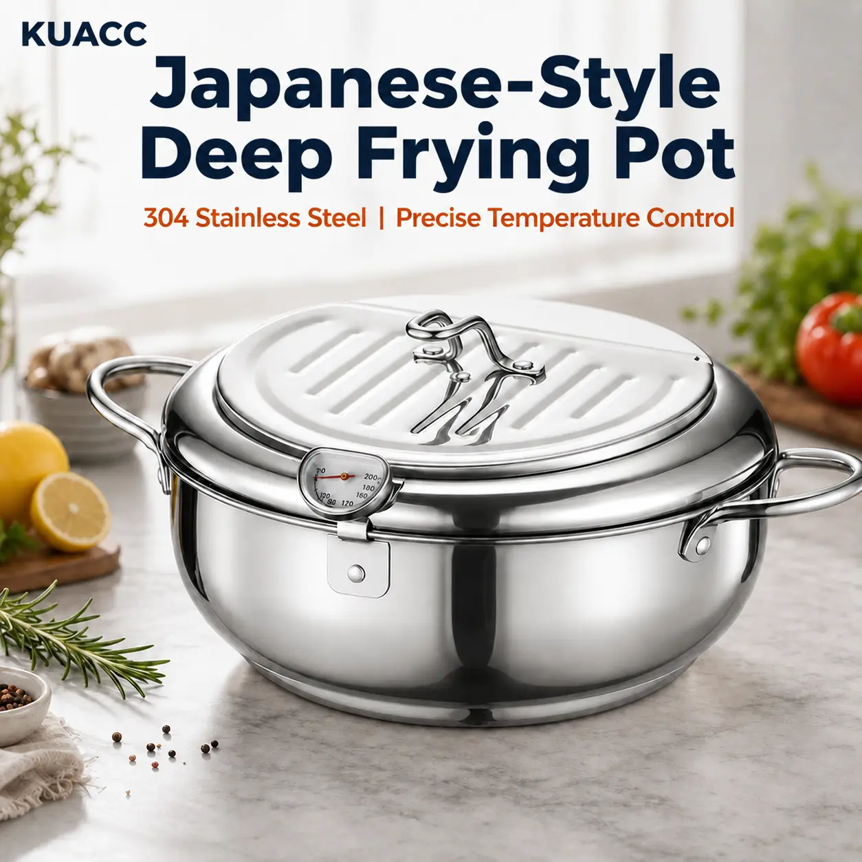 KUACC Deep Fryer Pot, 304 Stainless Steel Japanese Style Frying Pot with Oil Drain, Temperature Control and Lid, Tempura Deep Fryer Pot for Kitchen Stove/Induction Cooker French Fries Fryer Chicken Cookware