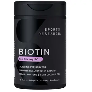 Sports Research Biotin 10,000mcg with Organic Coconut Oil - Biotin (Vitamin B7) for Healthy Skin and Hair Support* - for Women and Men - Vegan, Non-GMO, Gluten & Soy-Free - 30 Veggie Softgels