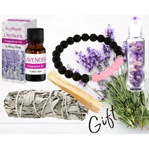 Aromatherapy 5 Piece Essentials - 3 Choices, White Sage, Palo Santo, Gemstone Roller Bottle, Lava Bracelet w/Essential Oil