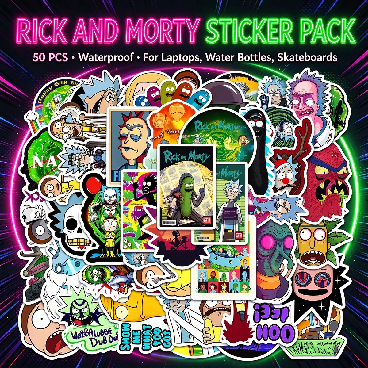 Rick and Morty 50PCS Sticker Pack Official Licensed Anime Car Stickers Waterproof Vinyl Decals for Cars Laptops Water Bottles and Skateboards
