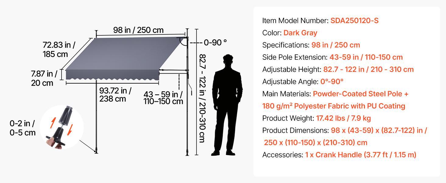 VEVOR Manual Retractable Awning, 98" Outdoor Retractable Patio Awning Sunshade Shelter, Height Adjustable Patio Door Window Canopy with Manual Crank Handle for Backyard, Garden, Balcony, Dark Gray VEVOR Manual Retractable Awning, 98" Outdoor Retractable Patio Awning Sunshade Shelter, Height Adjustable Patio Door Window Canopy with Manual Crank Handle for Backyard, Garden, Balcony, Dark Gray