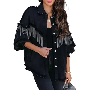 Oversized Fringe Denim Jacket for Women Frayed Sparkly Tassel Jean Shacket Cowgirl Western Country Concert Outfits