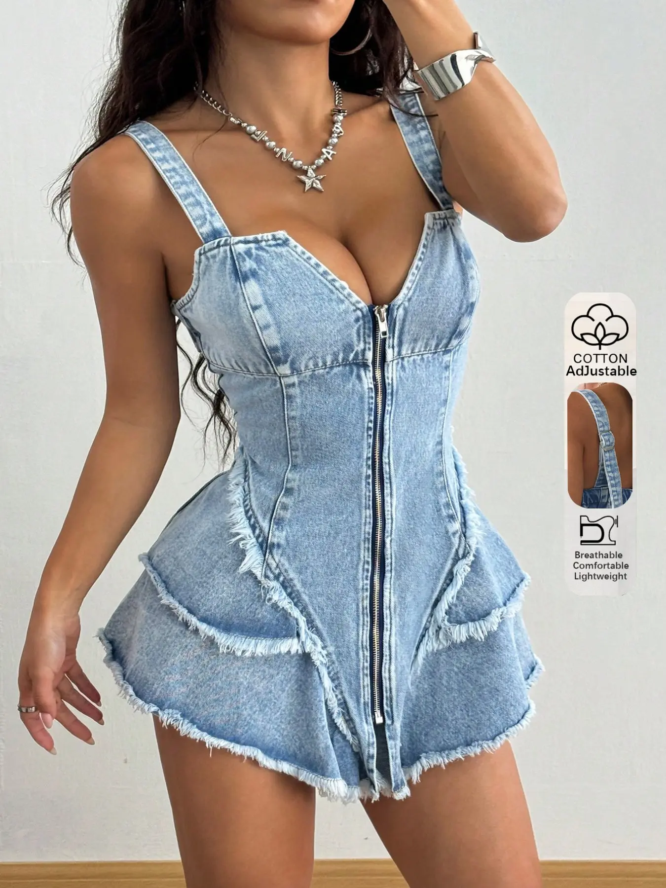 Women's Zipper Front Patchwork Light Wash Denim Jumpsuit Dress Skirt Short, Faux Fur Fringe Decor, Adjustable Straps, Casual Fashion Outerwear