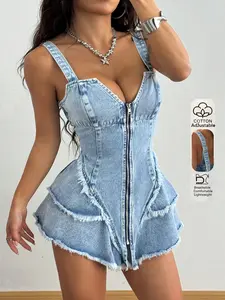 Women's Zipper Front Patchwork Denim Jumpsuit Skirt, Faux Fur Fringe Decor, Adjustable Straps, Casual Fashion Outerwear