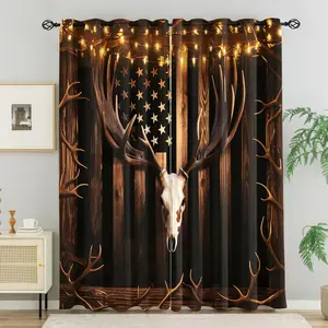American Vintage Hunting Style Elk Head Theme Blackout Curtain 2Pcs/Set, No Drill Ring Design, Washable Fabric, Bedroom Living Room Study Room Heat Insulation, UV Protection, American Country Style Home Decor