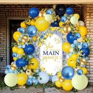 180 count Royal Blue Yellow Balloons Arch Kit with She Found Main Squeeze Banner Backdrop, Lemon Bridal Shower Party Decorations, Lemon Themed Party Decor, Wedding Anniversary Balloon Garland