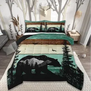 Bear Cabin Comforter Set,Rustic Hunting Bedding Set,Farmhouse Country Quilt for Kids Boys Girls Mens,Western Woodland Mountain Tree Down Comforter,Teal Black Brown