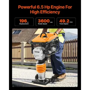 VEVOR Jumping Jack Compactor, 6.5 HP Vibratory Rammer Fuel-Powered 196 cc Engine Tamper, 3600 lbs Impact Force, 26 Max Compaction Depth, for Soil, Gravel, Footings, Concrete Slabs, and Foundations