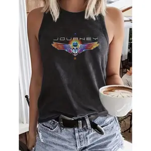 Women's "JOURNEY" Graphic Tank Top - Casual Crew Neck, Sleeveless Casual Attire Vest in Dark Gray with Colorful Journey Design, Polyester & Spandex Blend, Machine Washable