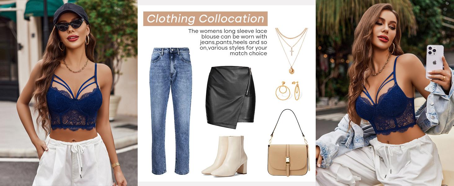 Avidlove Lace Bralette for Women V Neck Camisoles Adjustable Strap Two Layer Crop Top Bustier Tops Floral Pattern Backless Breathable Blazer Womenswear