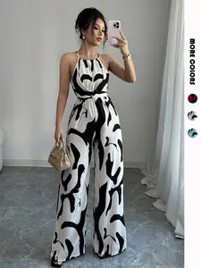 USBOUTIQUE CHIC Women's Loose Fit Jumpsuit Romper Summer Wide Leg Black White Abstract Print Fashionable