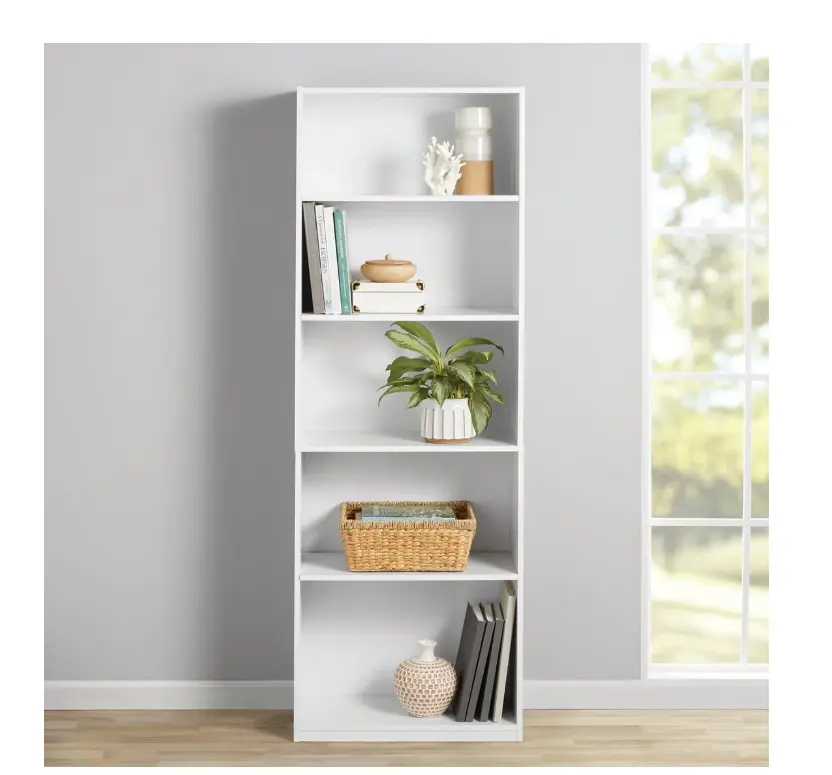 Space-Saving White Standing Bookcase with 5 Customizable Shelves for Stylish Storage in Small Spaces