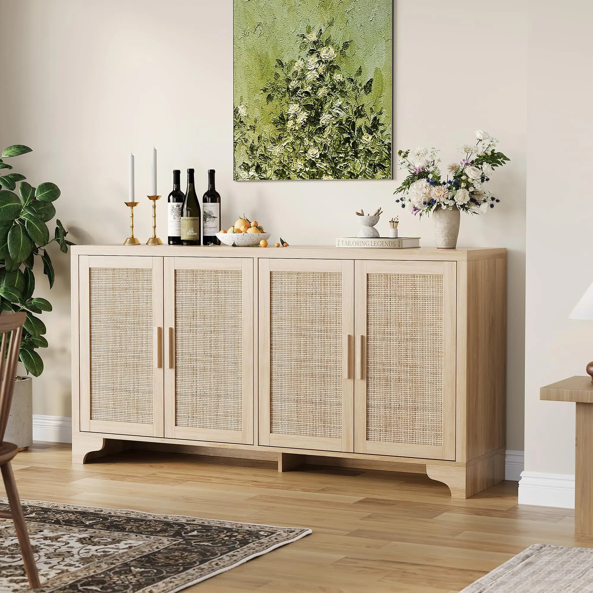 4-Door Natural Rattan Farmhouse Cupboard - Multi-Functional Storage Cabinet with Shelves, 4-Compartment Boho Buffet, Natural Weave, Magnetic Lock, Wooden Legs, Modern Apartment-Sized for Living Room, Entryway