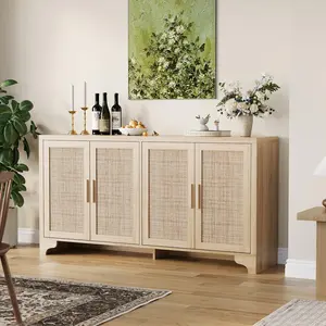 Natural Rattan Storage Cabinet with Shelves, 4-Door Sideboard Buffet Cabinet, Boho TV Stand Console Table for Living Room, Entryway, Dinning Room Farmhouse Cupboard