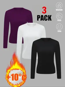 Women's Sporty Thermal Warm Winter Underwear Set, 3-Piece Fitted Long Sleeve Round Neck Tops, Comfortable All-Season Base Layer Tees